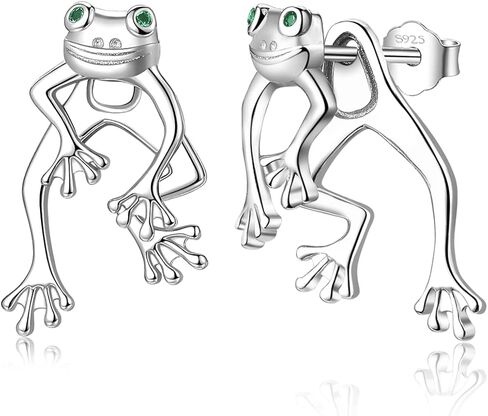 Frog Earrings for Women 925 Sterling Silver Fun Cute Two Way Frog Stud Earrings Jewelry Gift for Girls Teen, Rhinestone, Cubic Zirconia in Kuwait