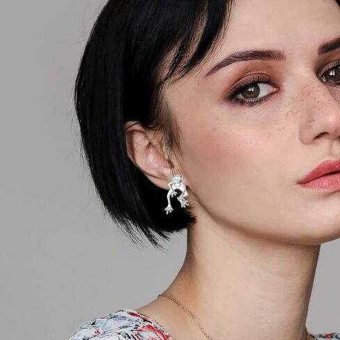 Frog Earrings for Women 925 Sterling Silver Fun Cute Two Way Frog Stud Earrings Jewelry Gift for Girls Teen, Rhinestone, Cubic Zirconia in Kuwait