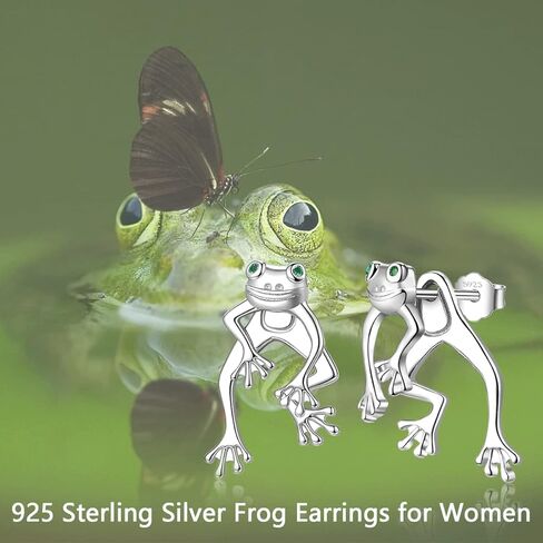 Frog Earrings for Women 925 Sterling Silver Fun Cute Two Way Frog Stud Earrings Jewelry Gift for Girls Teen, Rhinestone, Cubic Zirconia in Kuwait