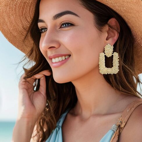 Flyonce Metallic Earrings for Women Girls, Large Rectangle Square Geometric Metal Statement Drop Dangle Earrings in Kuwait
