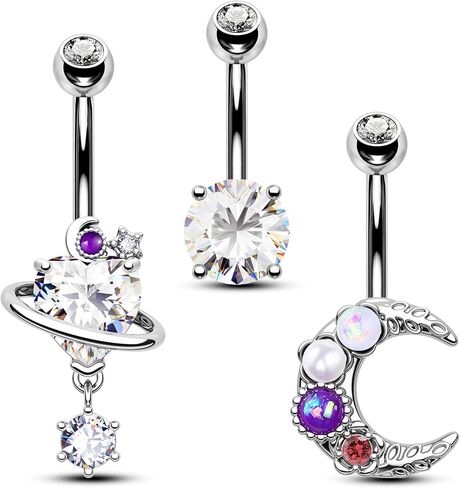 CM Crareesi Mania Belly Button Ring Pack 14G Moon Belly Piercing Jewelry 3PCS Shiny Belly Button Piercing for Women 316L Surgical Steel Dangle Belly Rings, Metal, cubic-zirconia in Kuwait