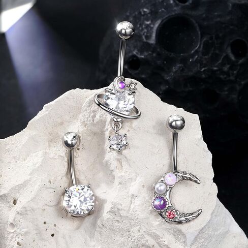 CM Crareesi Mania Belly Button Ring Pack 14G Moon Belly Piercing Jewelry 3PCS Shiny Belly Button Piercing for Women 316L Surgical Steel Dangle Belly Rings, Metal, cubic-zirconia in Kuwait
