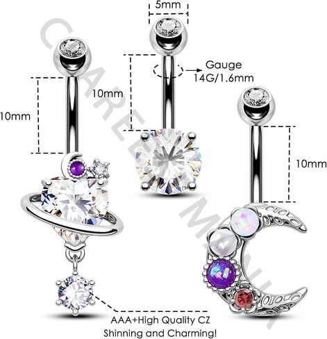 CM Crareesi Mania Belly Button Ring Pack 14G Moon Belly Piercing Jewelry 3PCS Shiny Belly Button Piercing for Women 316L Surgical Steel Dangle Belly Rings, Metal, cubic-zirconia in Kuwait