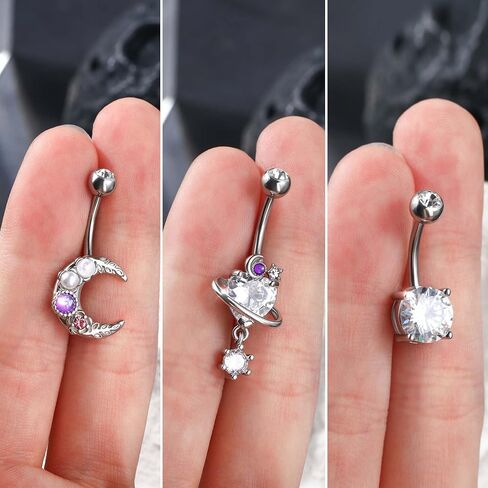 CM Crareesi Mania Belly Button Ring Pack 14G Moon Belly Piercing Jewelry 3PCS Shiny Belly Button Piercing for Women 316L Surgical Steel Dangle Belly Rings, Metal, cubic-zirconia in Kuwait
