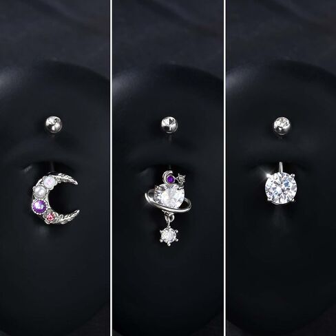 CM Crareesi Mania Belly Button Ring Pack 14G Moon Belly Piercing Jewelry 3PCS Shiny Belly Button Piercing for Women 316L Surgical Steel Dangle Belly Rings, Metal, cubic-zirconia in Kuwait