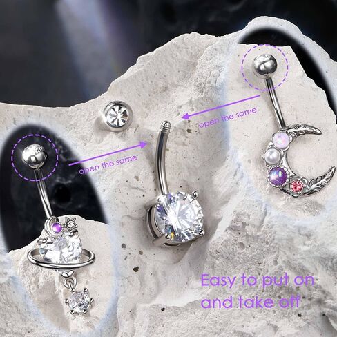 CM Crareesi Mania Belly Button Ring Pack 14G Moon Belly Piercing Jewelry 3PCS Shiny Belly Button Piercing for Women 316L Surgical Steel Dangle Belly Rings, Metal, cubic-zirconia in Kuwait