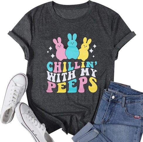 Happy Easter Shirts Women Bunny Shirt: Chillin with My Peeps Tshirt Cute Rabbit Graphic T-Shirt Easter Gift Tops in Saudi Arabia