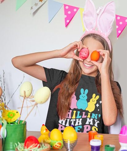Happy Easter Shirts Women Bunny Shirt: Chillin with My Peeps Tshirt Cute Rabbit Graphic T-Shirt Easter Gift Tops in Saudi Arabia