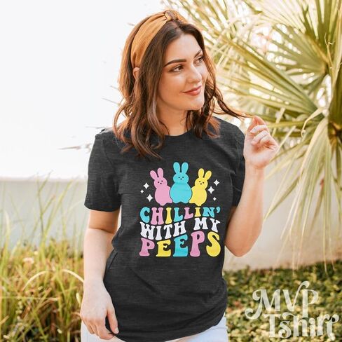Happy Easter Shirts Women Bunny Shirt: Chillin with My Peeps Tshirt Cute Rabbit Graphic T-Shirt Easter Gift Tops in Saudi Arabia