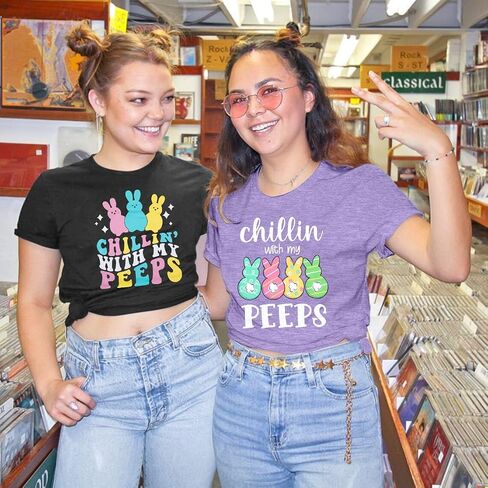 Happy Easter Shirts Women Bunny Shirt: Chillin with My Peeps Tshirt Cute Rabbit Graphic T-Shirt Easter Gift Tops in Saudi Arabia