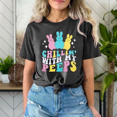 Happy Easter Shirts Women Bunny Shirt: Chillin with My Peeps Tshirt Cute Rabbit Graphic T-Shirt Easter Gift Tops in Saudi Arabia