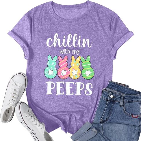 Happy Easter Shirts Women Bunny Shirt: Chillin with My Peeps Tshirt Cute Rabbit Graphic T-Shirt Easter Gift Tops in Saudi Arabia
