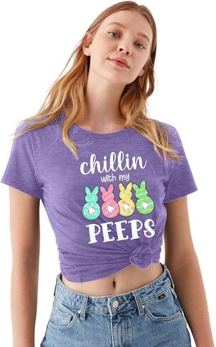 Happy Easter Shirts Women Bunny Shirt: Chillin with My Peeps Tshirt Cute Rabbit Graphic T-Shirt Easter Gift Tops in Saudi Arabia