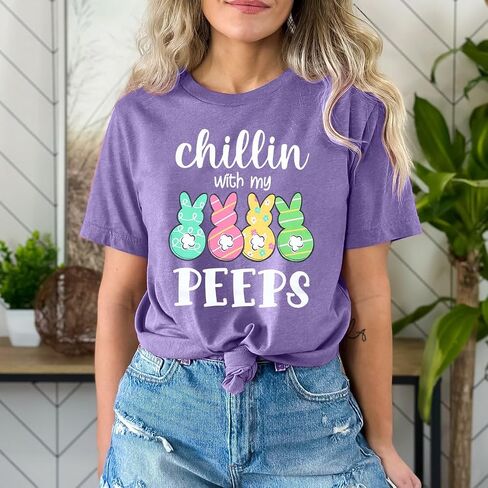 Happy Easter Shirts Women Bunny Shirt: Chillin with My Peeps Tshirt Cute Rabbit Graphic T-Shirt Easter Gift Tops in Saudi Arabia