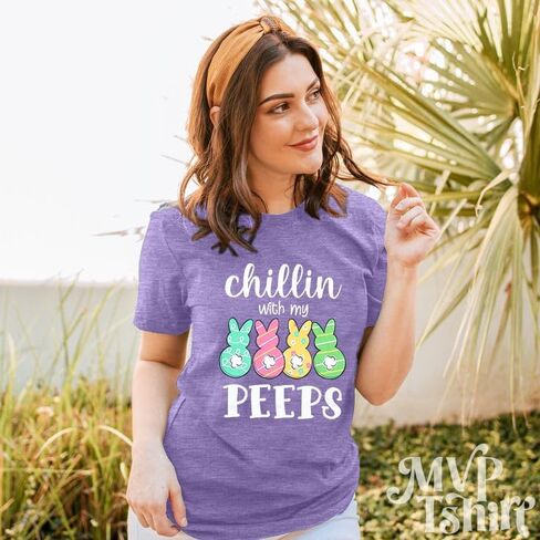 Happy Easter Shirts Women Bunny Shirt: Chillin with My Peeps Tshirt Cute Rabbit Graphic T-Shirt Easter Gift Tops in Saudi Arabia