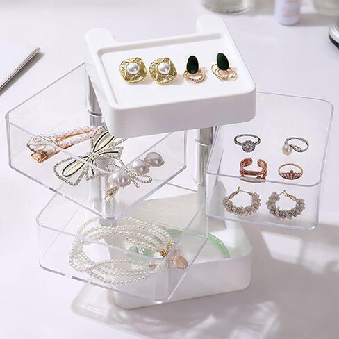 ساجود صندوق تخزين منظم مجوهرات من 4 طبقات، حامل اكسسوارات شعر شفاف من الاكريليك، صينية تخزين دوارة 360 درجة مع غطاء، حاوية ربطات الشعر للاقراط والاساور والقلائد والخواتم وعصابات الرأس ومشابك الشعر in Kuwait