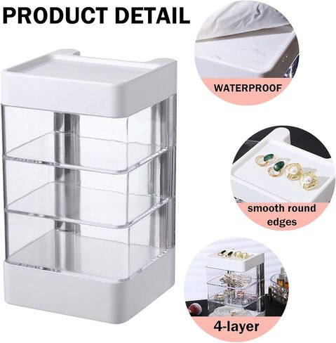 ساجود صندوق تخزين منظم مجوهرات من 4 طبقات، حامل اكسسوارات شعر شفاف من الاكريليك، صينية تخزين دوارة 360 درجة مع غطاء، حاوية ربطات الشعر للاقراط والاساور والقلائد والخواتم وعصابات الرأس ومشابك الشعر in Kuwait