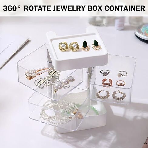 ساجود صندوق تخزين منظم مجوهرات من 4 طبقات، حامل اكسسوارات شعر شفاف من الاكريليك، صينية تخزين دوارة 360 درجة مع غطاء، حاوية ربطات الشعر للاقراط والاساور والقلائد والخواتم وعصابات الرأس ومشابك الشعر in Kuwait