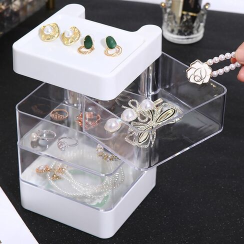 ساجود صندوق تخزين منظم مجوهرات من 4 طبقات، حامل اكسسوارات شعر شفاف من الاكريليك، صينية تخزين دوارة 360 درجة مع غطاء، حاوية ربطات الشعر للاقراط والاساور والقلائد والخواتم وعصابات الرأس ومشابك الشعر in Kuwait