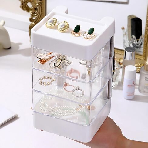 ساجود صندوق تخزين منظم مجوهرات من 4 طبقات، حامل اكسسوارات شعر شفاف من الاكريليك، صينية تخزين دوارة 360 درجة مع غطاء، حاوية ربطات الشعر للاقراط والاساور والقلائد والخواتم وعصابات الرأس ومشابك الشعر in Kuwait