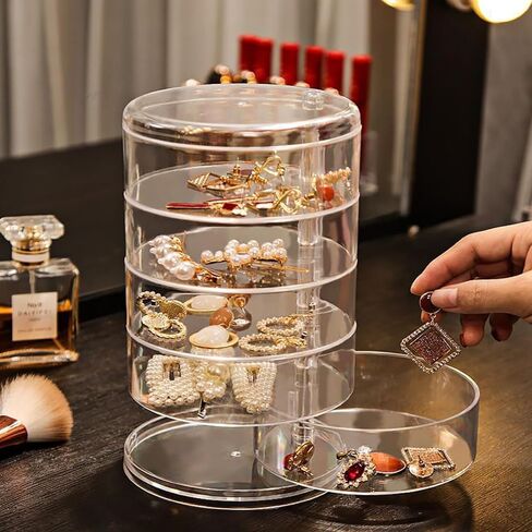 Jewellery Organiser Box 3 Layers Clear Acrylic 360° Rotating Cosmetic Storage Spin Holder for Necklace Bracelet Ring Earring Small Items Container Case in Saudi Arabia