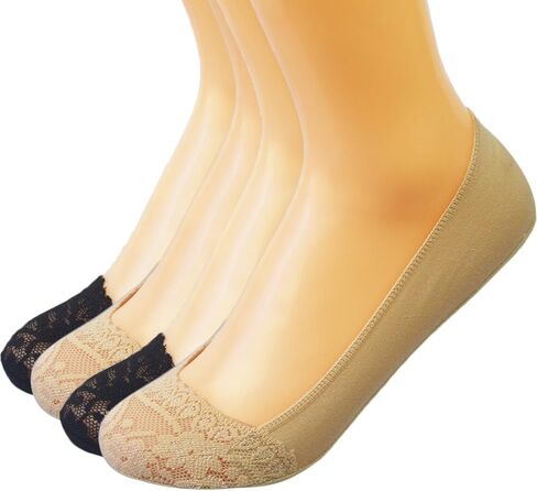 جوارب Kilofly No Show مضادة للانزلاق مع قبضة كعب من السيليكون [مجموعة 4 أزواج، باللون الأسود والبيج] in Kuwait