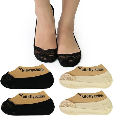 جوارب Kilofly No Show مضادة للانزلاق مع قبضة كعب من السيليكون [مجموعة 4 أزواج، باللون الأسود والبيج] in Kuwait