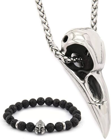 BAVIPOWER Viking Raven Skull Head Pendant Keel Chain Necklace Stainless Steel Nordic Jewelry Protection Mens Womens in Saudi Arabia