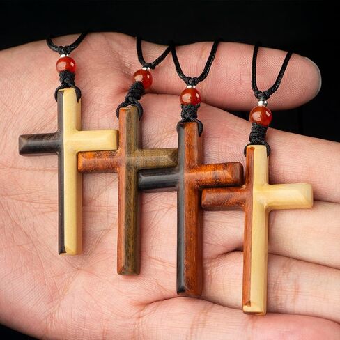 مجوهرات الصليب الخشبي تجمع بين نوعين من الهدايا الكاثوليكية الخشبية الطبيعية للنساء والرجال هيكل نقر ولسان حرف مرآة الرؤية الخلفية قلادة صليب معلقة in Kuwait