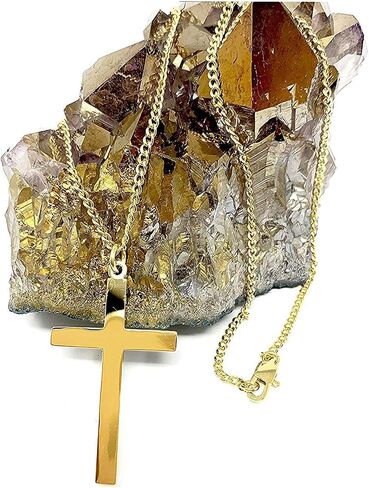 HOLLYWOOD JEWELRY 24kt Gold Chain Cross Pendant 3MM Cuban link Solid Plated Clasp for Men, Women, Teens. Diamond cut Religious Necklace Charm Faith and love in Saudi Arabia