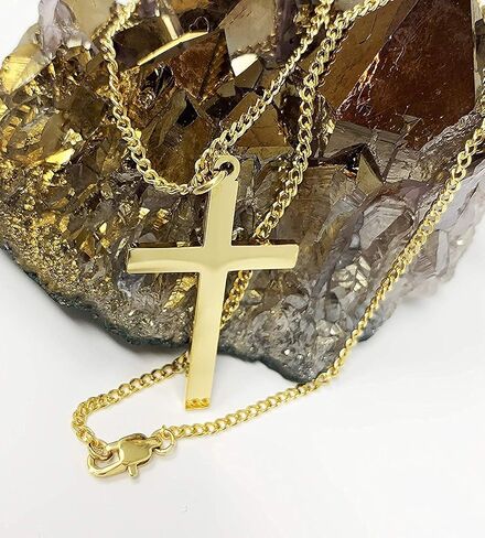 HOLLYWOOD JEWELRY 24kt Gold Chain Cross Pendant 3MM Cuban link Solid Plated Clasp for Men, Women, Teens. Diamond cut Religious Necklace Charm Faith and love in Saudi Arabia