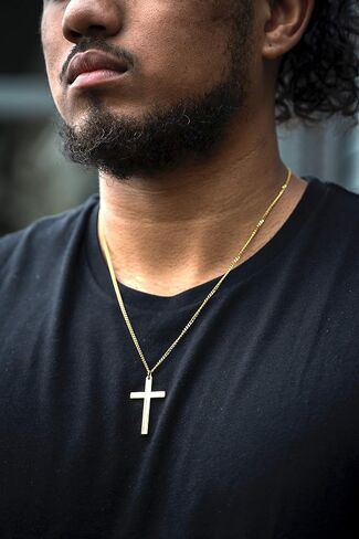 HOLLYWOOD JEWELRY 24kt Gold Chain Cross Pendant 3MM Cuban link Solid Plated Clasp for Men, Women, Teens. Diamond cut Religious Necklace Charm Faith and love in Saudi Arabia