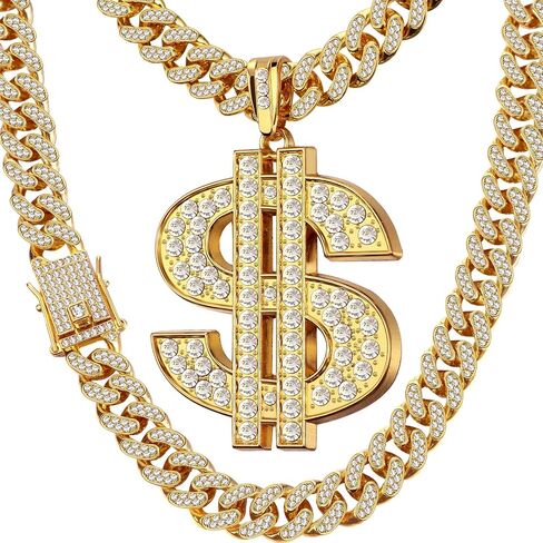 Hillban Gold Chain for Men with Dollar Sign Pendant Necklace Diamond Cuban Link Dollar Sign Necklaces for 80s 90s Men Hip Hop Rapper Jewelry Gift in Saudi Arabia