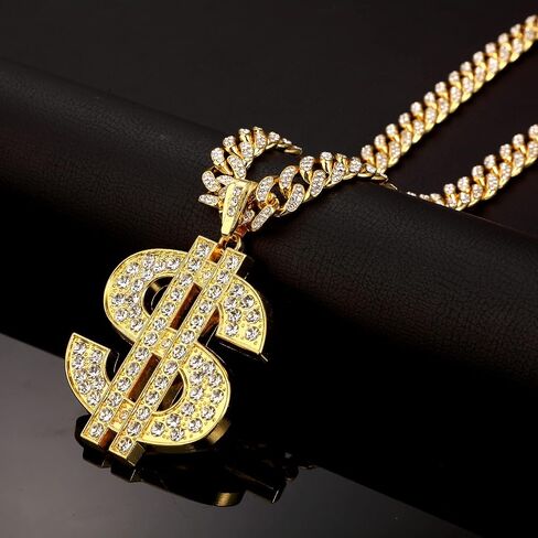 Hillban Gold Chain for Men with Dollar Sign Pendant Necklace Diamond Cuban Link Dollar Sign Necklaces for 80s 90s Men Hip Hop Rapper Jewelry Gift in Saudi Arabia