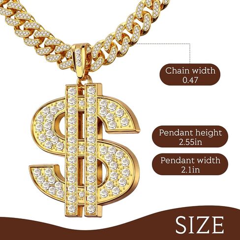 Hillban Gold Chain for Men with Dollar Sign Pendant Necklace Diamond Cuban Link Dollar Sign Necklaces for 80s 90s Men Hip Hop Rapper Jewelry Gift in Saudi Arabia