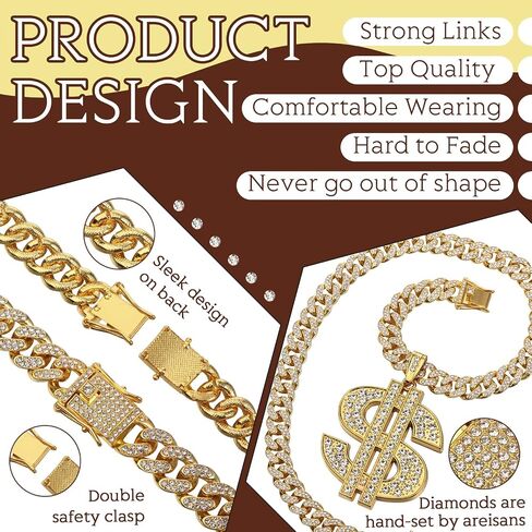 Hillban Gold Chain for Men with Dollar Sign Pendant Necklace Diamond Cuban Link Dollar Sign Necklaces for 80s 90s Men Hip Hop Rapper Jewelry Gift in Saudi Arabia