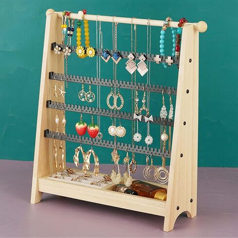 4-Tier Wood Earring Organizer, Earring Holder with 244 Earring Holes, Wooden Necklace Holder, Exquisite Ring Wooden Tray Jewelry Stand for Ear Stud Earring Necklace Bracelet Ring Watch in Kuwait