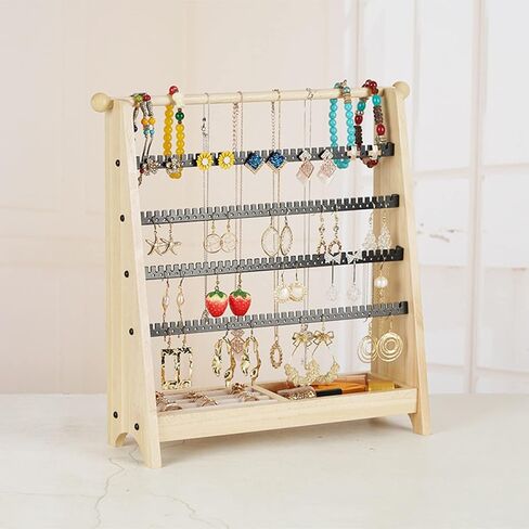 4-Tier Wood Earring Organizer, Earring Holder with 244 Earring Holes, Wooden Necklace Holder, Exquisite Ring Wooden Tray Jewelry Stand for Ear Stud Earring Necklace Bracelet Ring Watch in Kuwait