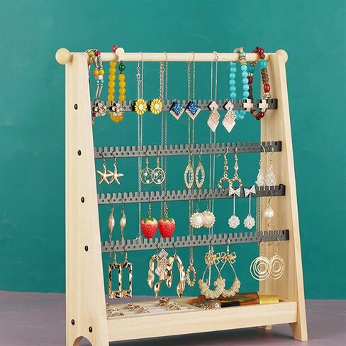 4-Tier Wood Earring Organizer, Earring Holder with 244 Earring Holes, Wooden Necklace Holder, Exquisite Ring Wooden Tray Jewelry Stand for Ear Stud Earring Necklace Bracelet Ring Watch in Kuwait