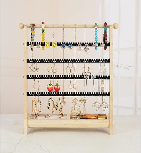 4-Tier Wood Earring Organizer, Earring Holder with 244 Earring Holes, Wooden Necklace Holder, Exquisite Ring Wooden Tray Jewelry Stand for Ear Stud Earring Necklace Bracelet Ring Watch in Kuwait