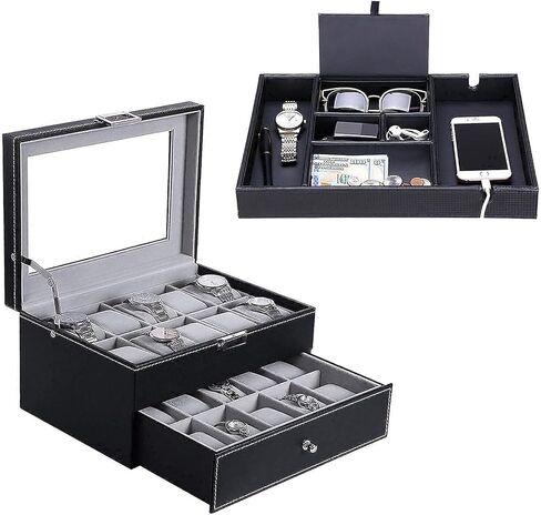 BEWISHOME منظم صندوق الساعة من جلد البولي يوريثان وصينية منظم للرجال، حزمة منظم من ألياف الكربون من الجلد الصناعي، أسود in Kuwait