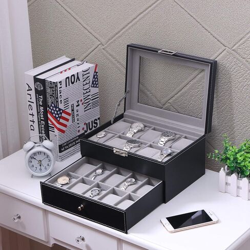 BEWISHOME منظم صندوق الساعة من جلد البولي يوريثان وصينية منظم للرجال، حزمة منظم من ألياف الكربون من الجلد الصناعي، أسود in Kuwait