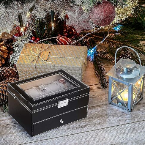 BEWISHOME منظم صندوق الساعة من جلد البولي يوريثان وصينية منظم للرجال، حزمة منظم من ألياف الكربون من الجلد الصناعي، أسود in Kuwait