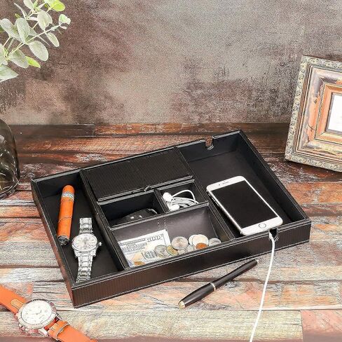 BEWISHOME منظم صندوق الساعة من جلد البولي يوريثان وصينية منظم للرجال، حزمة منظم من ألياف الكربون من الجلد الصناعي، أسود in Kuwait