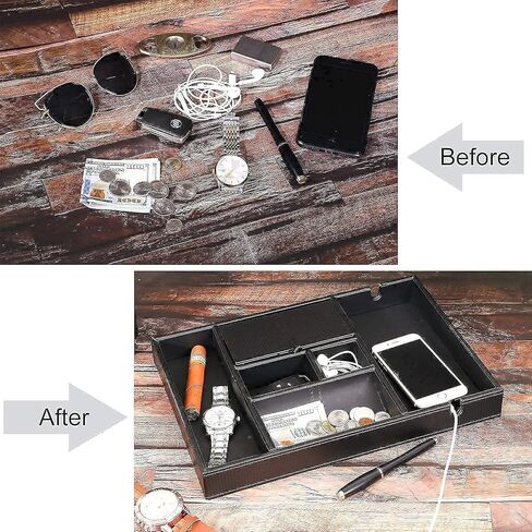 BEWISHOME منظم صندوق الساعة من جلد البولي يوريثان وصينية منظم للرجال، حزمة منظم من ألياف الكربون من الجلد الصناعي، أسود in Kuwait