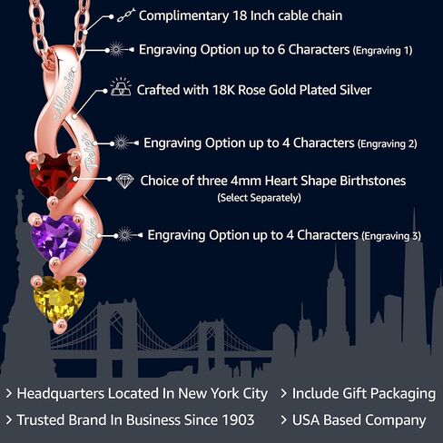 Gem Stone King Build Your Own Personalized 3-Stone Heart Shape Birthstones in 18K Rose Gold Plated Silver Pendant For Women With 18-Inch Silver Chain in Saudi Arabia