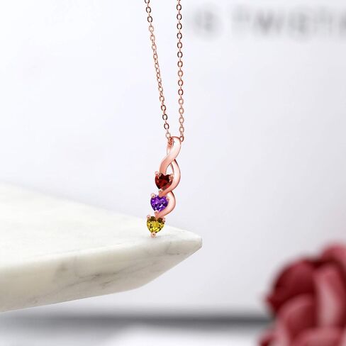Gem Stone King Build Your Own Personalized 3-Stone Heart Shape Birthstones in 18K Rose Gold Plated Silver Pendant For Women With 18-Inch Silver Chain in Saudi Arabia