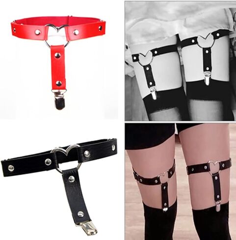 AISIBO Heart Leg Garter Belt, 2PCS Heart Leg Garter Belt Thigh Harness, Women Adjustable Leather Thigh Garter for Women Girl(Black,Red) in Saudi Arabia