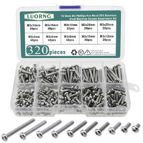 LUORNG 320PCS Silver M3 Phillips Pan Head Stainless Steel Screw Assortment Set Suitable for Precision Machinery Assembly and Instrumentation Repair and Electronic Product Assembly