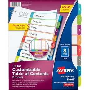 Avery 8 Tab Dividers for 3 Ring Binders, Customizable Table of Contents, Multicolor Tabs, 1 Set (11841)